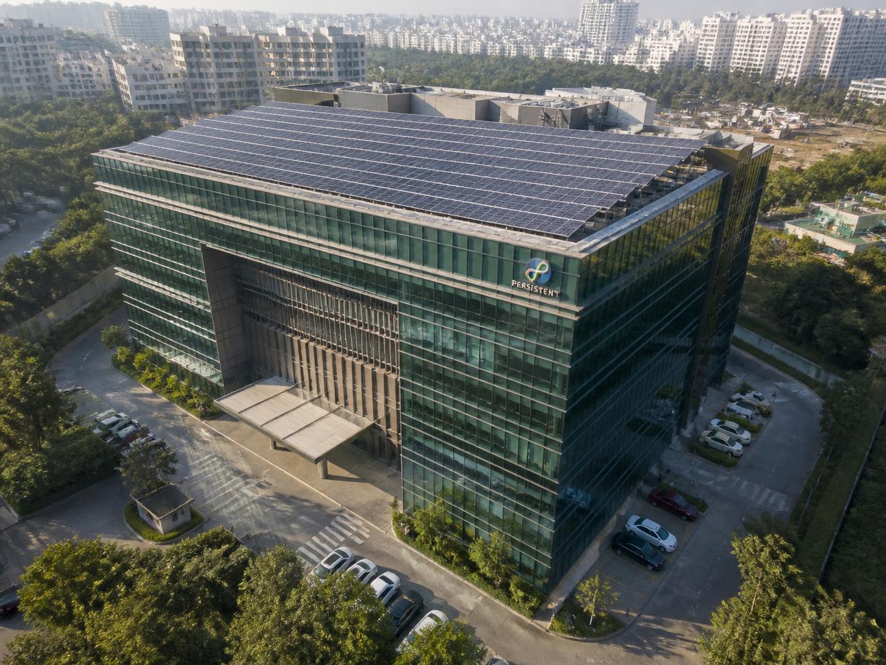 Commercial office building with a large rooftop solar panel array