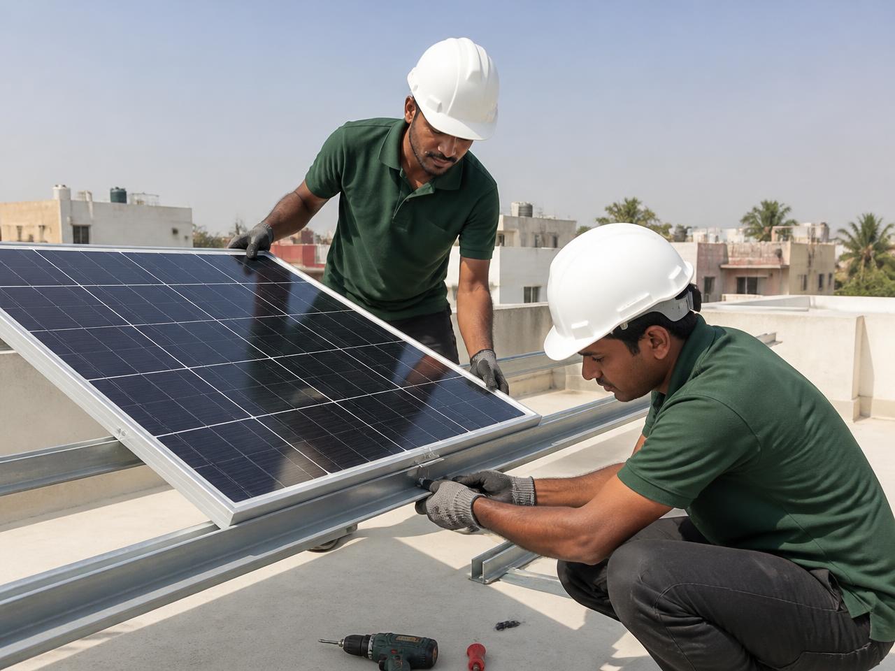 Solar technicians installing rooftop solar panels on an Indian home